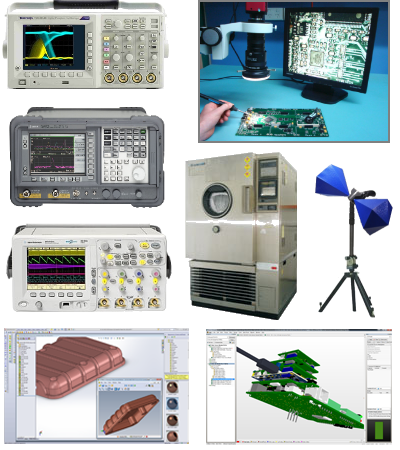 Digital vision system, biconical EMC antenna, thermal chamber, MSO, spectrum analyser, DSO